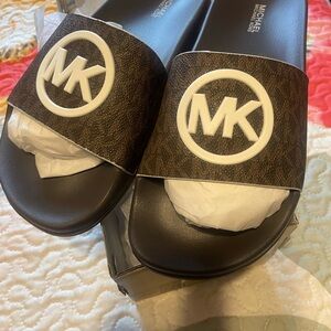 Michael Kors Dark Brown Slide Sandals with White MK Logo